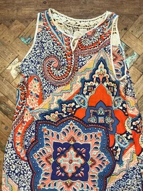 Paisley Crochet-Trim Tank Top in Orange & Blue